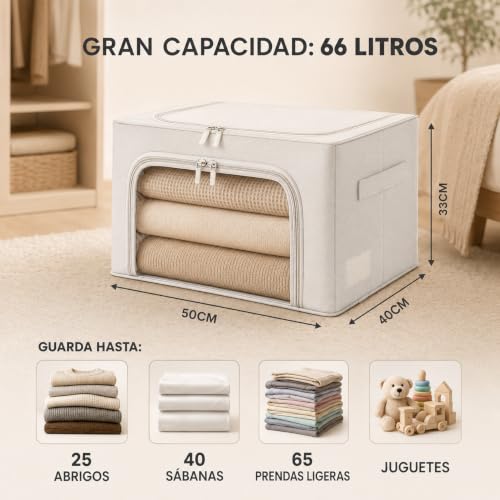Miniatura 3 de Unycos - Cajas De Almacenaje De Ropa 2 Piezas 66l Bolsas Con Estructura Resistente De Hierro, Asas Reforzadas Y Ventana Transparente, Organizador De Toallas, Edredones 20 Kg Grey Iron Rod