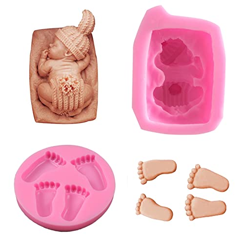 通用 2 Pièces Moule à Fondant en pour Pieds de Bébé, 3D Pieds de Bébé Fondant Moules, Moule en Silicone pour Bébé Endormi, Bébé Gâteau Moule en Silicone 3D, Décoration de Gâteau, Décoration de Cuisson