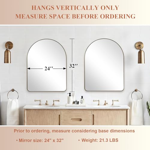 Image of ANDY STAR Arched Mirror, 24 x 32 Inch Brushed Gold Wall Mirror in Stainless Steel Metal Frame, Arch Top Rounded Corner 1 Inch Deep Set Design Wall Mount Hangs Vertical