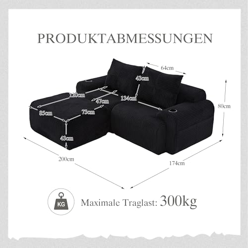 Sofá modular de pana 2 plazas con soporte de bebidas y bolsa lateral negra 3