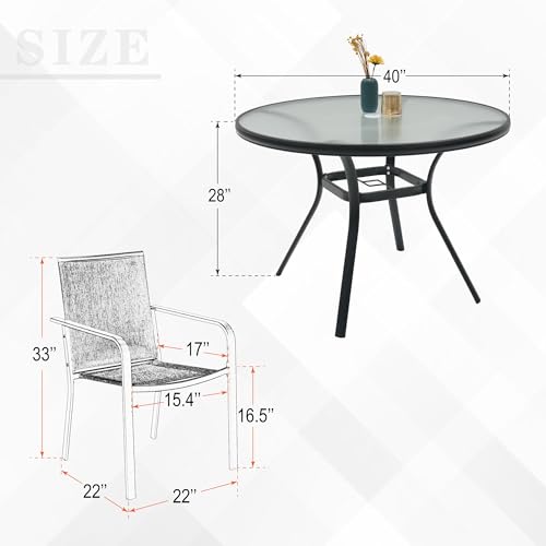 Image of 5-Piece Outdoor Patio Dining Set, 40-Inch Round Glass Table with 4 Stackable Chairs,Beige Grey