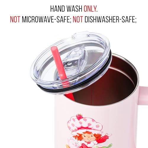 Image of Silver Buffalo Strawberry Shortcake and Custard inchSweet inch Double Walled Stainless Steel Tumbler with Handle, Fits in Standard Cup Holder, 40 Ounces