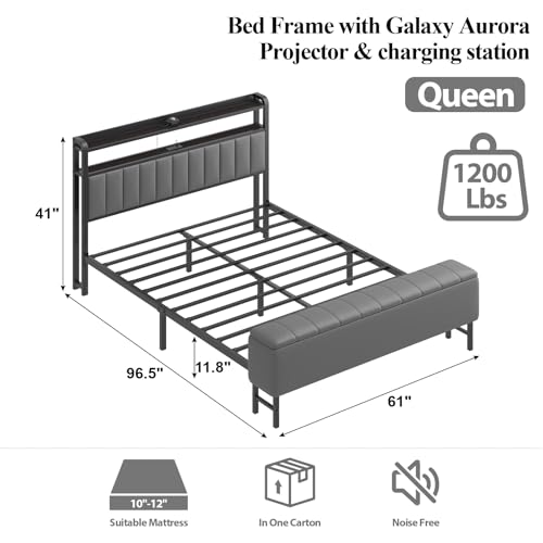 Image of Queen Size Bed Frame with Star Projector & Charging Station, PU Leather Upholstered Platform with 2-Tier Storage Headboard & Storage Ottoman, Metal Support, Noise-Free, No Box Spring Needed, Grey