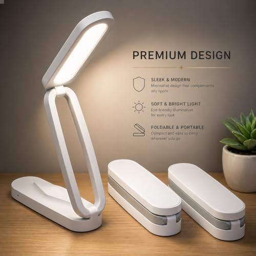 Image of SaleOn LED Rechargeable Foldable Desk Lamp | 1200mAh Battery | 5 Brightness + 3 Colour Modes | Memory Function | Touch Control | USB Type-C | Eye Protection Reading Lamp for Students, Office & Bedside