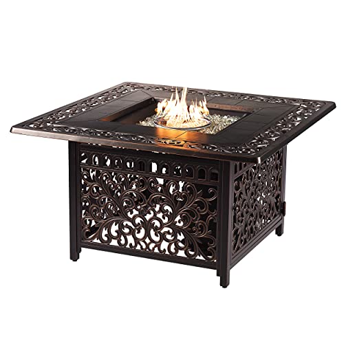 Image of Oakland Living Square 42 in. x 42 in. Aluminum Propane Fire Pit Table with Glass Beads, Two Covers, Lid, 57,000 BTUs in Copper Finish
