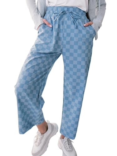 Apvirdy Loose Checkered Pants Women Casual Elastic High Waist Drawstring Straight Leg Plaid Pants with Pockets