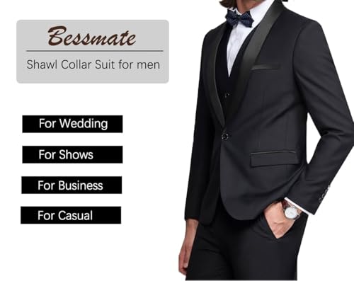 Mens 3 Pieces Classic Suit Black Satin Collar Wedding Blazer Grooms Jackets Vests Pants Suits2