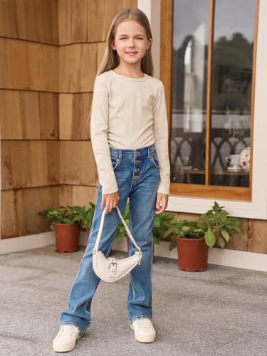 Image of Haloumoning Girls Long Sleeve Shirts Crewneck Ruched Side Slim Fit Tops Ribbed Knit Casual Tee Shirt 4-15 Years