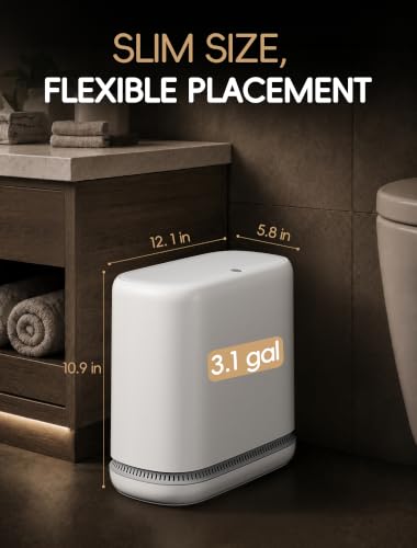 Image of Small Bathroom Trash Can with Lid, Dog Proof Slim Press Top Garbage Can, White Plastic Narrow Waste Basket, for Bathroom Bedroom Office 3.1 Gal with 5 Rolls 75 Trash Bags