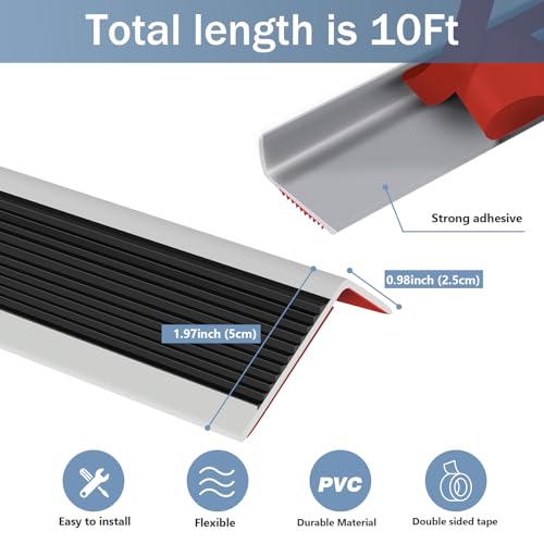 Pionasuicg Rubber Stair Edging Self Adhesive Staircase Step Edge Protector Vinyl Stair Nose for Outdoor & Indoor (10Ft, Black & Grey) by Pionasuicg - Image 2