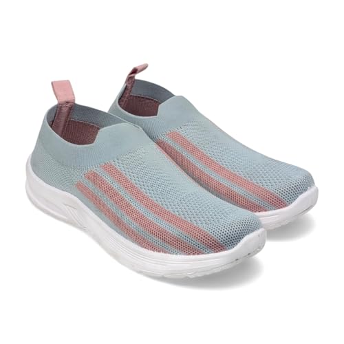 Image of Ovee Women's Slip-On Knit Sneakers | Lightweight and Comfortable Light Blue and Pink Running Shoes | Breathable Sweat-Resistant Anti-Skid Sports Footwear for Gym & Jogging