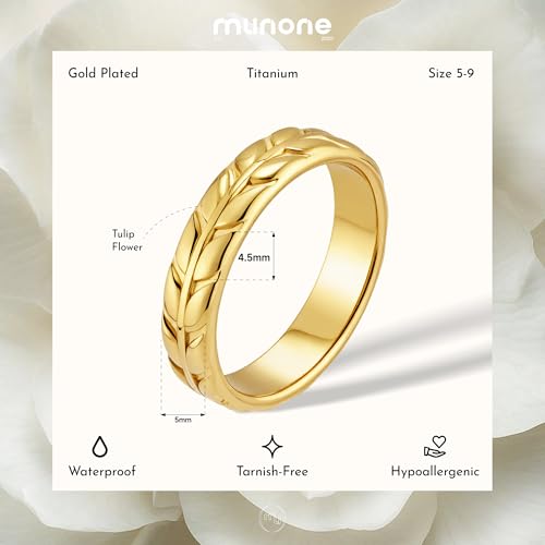 Tulip Flowers Wedding Promise Band Dome Ring for Women Men,14k Gold Plated Titanium and Stainless Steel Comfort Fit Band Ring2