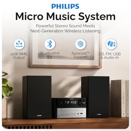 Image of Philips Bluetooth Stereo System for Home with CD Player for Home, Wireless Streaming Bluetooth 5.4 & Auracast, Upgraded 20W Sound, MP3, USB, Audio in, FM Radio, Micro Music Sound System