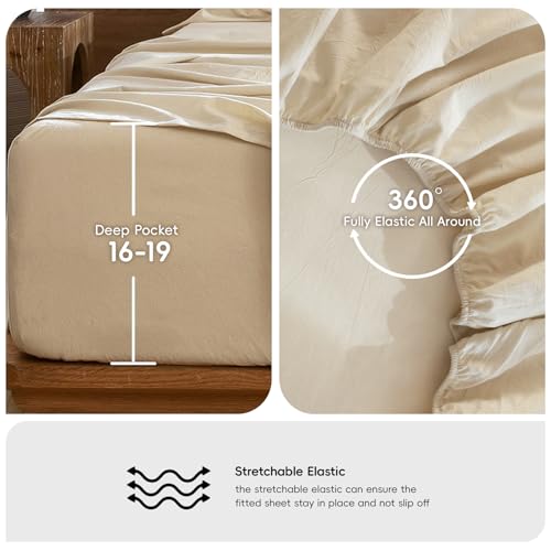 Image of MooMee Sheet Set 100% Washed Cotton Linen-Like Extra Deep Pocket Queen | Relaxed Linen-like Texture. Soft, Breathable & Lightweight Comfort. 15-19 inch Extra Deep Pocket with All-around Elastic