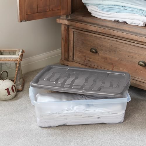 Strata 3 x 30 Litres Curve Plastic Stackable Storage Box & Lid with clip-on lids, 3 Pack, Multi storage box for home and office storage solution Clear Box, Grey Lid, (17cm H x 40cm W x 60cm D) - Image 3