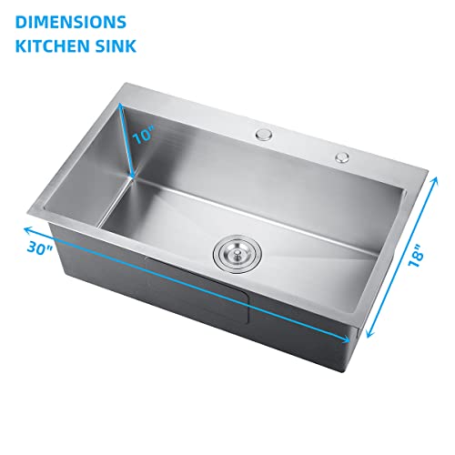 Melanstar Topmount Kitchen Sink Large Single Bowl Stainless Steel With Sink Strainer Waste Basket And Bottom Grid, 30" X 18" X 10" #TOP2