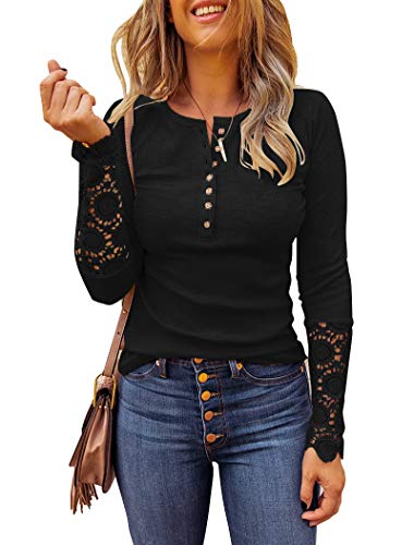 Limerose Women s Long Sleeve Lace Trim Tunic Tops Button Down Casual Blouse Cute Crew Neck Ribbed Shirt (Black, Medium)