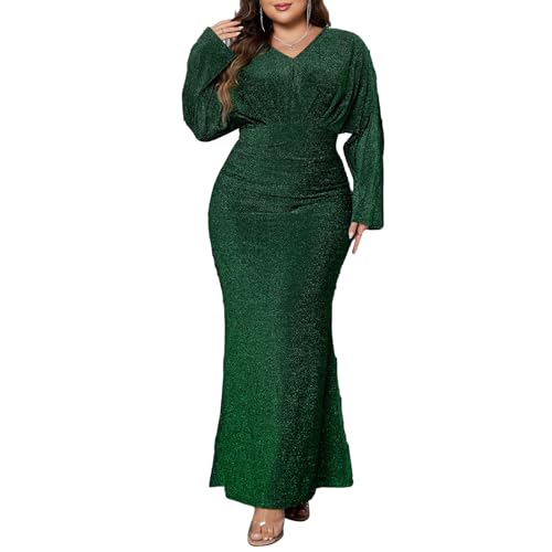 SHINROAD Abend Fishtail Kleid für Frauen formelle Plus-Größe V-Ausschnitt Langarm mit hoher Taillenkleid mit Festkleid mit glänzenden besonderen...
