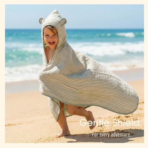 Image of Ultra-Soft Muslin Toddler Hooded Towel - 55 x 28 Inches, Made with Organic Cotton, Gender-Neutral Sage Green Striped Jacquard Pattern, Ideal for Bath & Beach, Newborn to Toddler