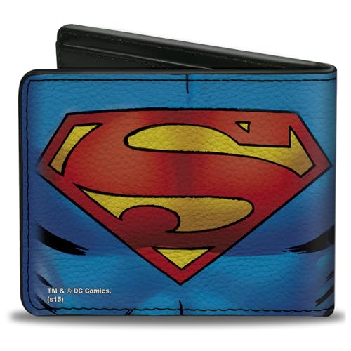 Buckle-Down Men's PU Bifold Wallet-Superman Galactic Battle Chest Logo Blue/Red/Yellow, Multicolor, 4.0" x 3.5"2