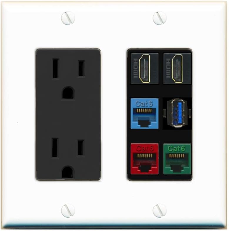 RiteAV 2 HDMI 3 Cat6 Ethernet USB3 Mixed Color Wall Plate - Outlet [Black/Black]