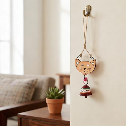 Image of Aakriti Art Creations Pink Cat Wind Chime with Metal Bell | Handmade Wooden & Metal Wind Chime | Matte Decorative Wind Chimes for Balcony, Garden & Home, Living Room & Gifting