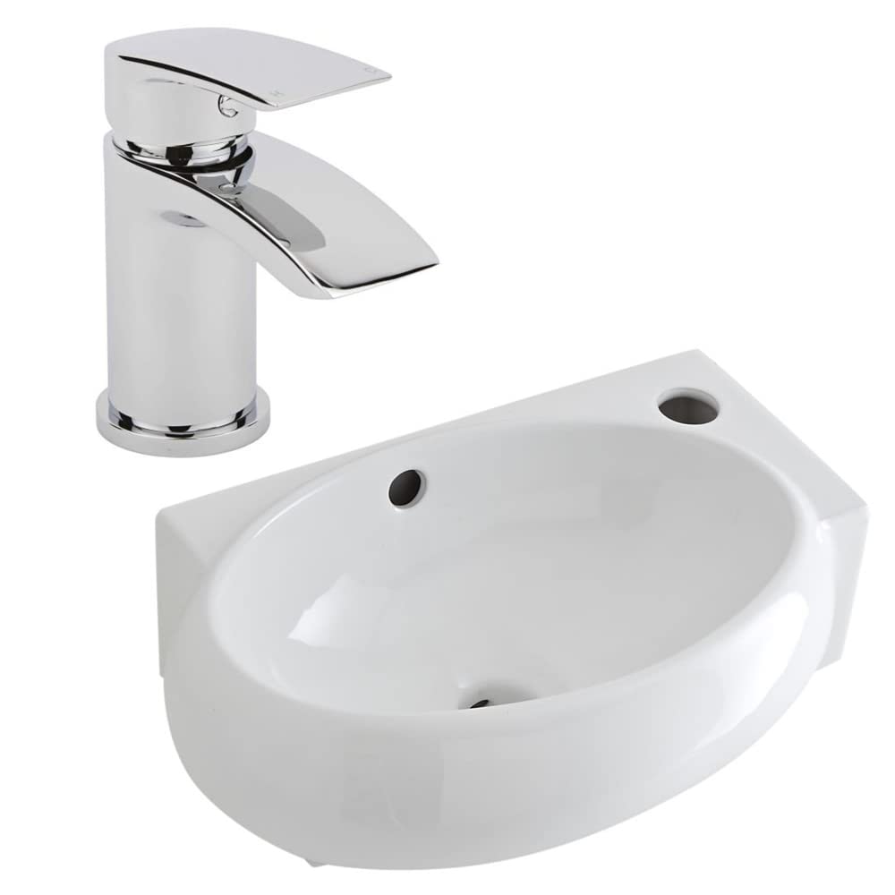 Milano White Irwell Wall Hung Oval Corner Bathroom Basin Sink Mono Mixer Tap - 400Mm X 280Mm