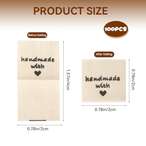 Mozeat Lens 100 Stück Stoffetiketten Handmade Label zum Annähen Beige Handarbeit Etiketten Tags Textiletiketten Kleideretiketten Handmade with Love DIY Näharbeit Deko für Schals Dekor Hut