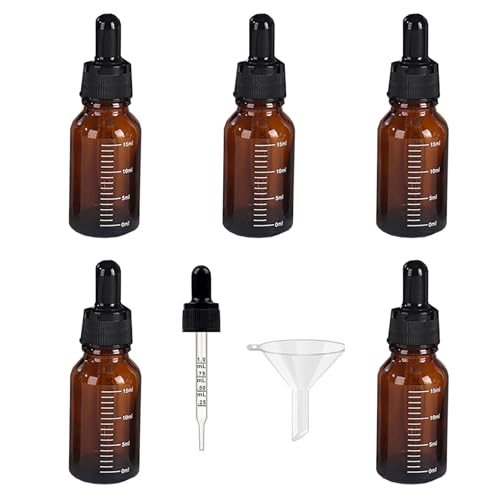 UpTuoLi Botellas cuentagotas, 5 botellas cuentagotas de vidrio con 1 embudo, botella cuentagotas de ojos, botellas de vidrio con pipeta graduada, botellas de aceites esenciales a prueba de fugas,