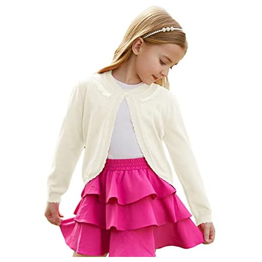GRACE KARIN 2023 Hollow Out Knit Shrug Sweater with Lace Collar and Ribbed Trims for Girls 7-8Y Off-White