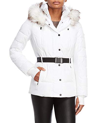 Michael Michael Kors Women's Logo Belted Hood Faux Fur Trim Puffer Coat Short Jacket Lightweight White (L)