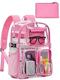 QOECI Heavy Duty Clear Backpack for Women Men Boys Girls, Large TPU Clear Bookbag with Accessories, Transparent See Through Backpack for School Sport College Work Travel Security, Pink