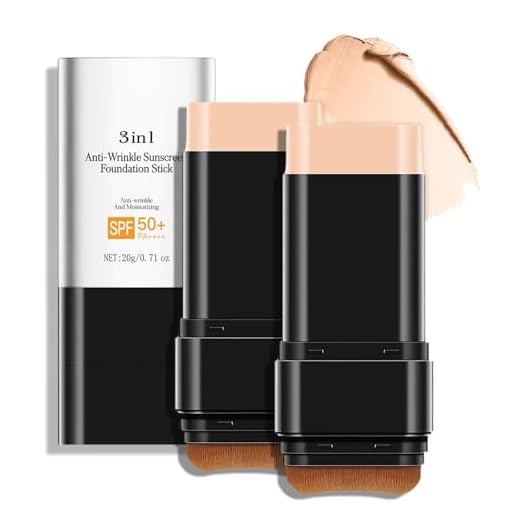 Bastão de base antirugas 3 em 1 de luxo FPS 50+ com escova, 2 peças de base fosco hidratante não pegajoso, loção protetora solar para rosto e corpo, cor média, 3 ml