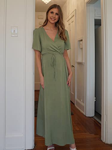 Deep Self 2022 Short Sleeve Wrap Maxi Dresses For Women Summer High Waist Slit Waist Tie Long Dress Army Green #TOP1