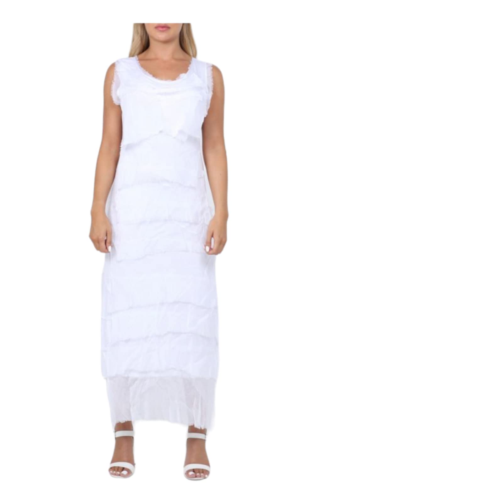 Alam Exclusive Women's White Dress Maxi Flap Over Italian Shredded Elegant Sleeveless Party Summer Layer Look Plain Pleated Layer Resort Wear (White)