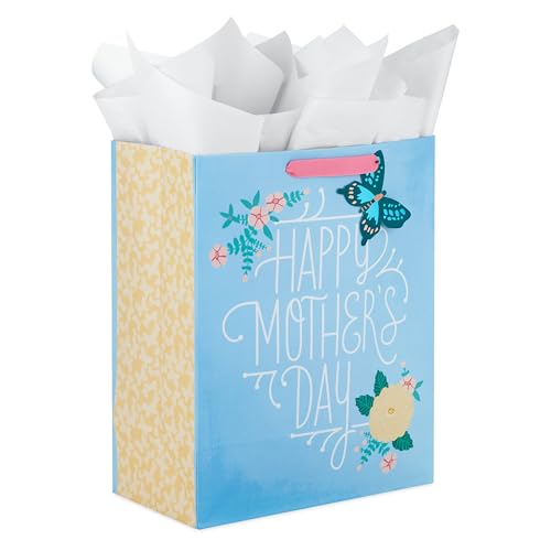 Hallmark 13" Large Mother's Day Gift Bag with Tissue Paper (Light Blue with Flowers and Butterfly) for Moms, Grandmas, Nanas, Sisters, Gigi