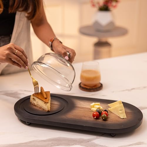 Image of Ireka Home Tamra Acacia Wood Cake Cloche with Glass Dome & Platter - Wooden Dessert Stand for Cake, Pastries, Cupcakes, Cookies & Serving Display