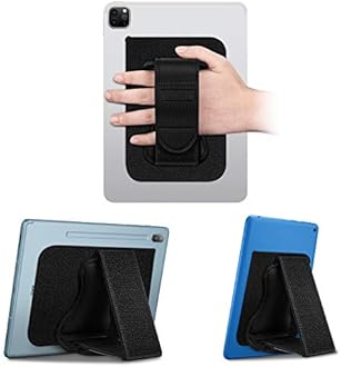 Fintie Universal Tablet Hand Strap Holder - [Dual Stand Supports] Detachable Padded Hook & Loop Fastening Handle Grip with Adhesive Patch for iPad/Galaxy Tab and All 7-11" Tablets, Black