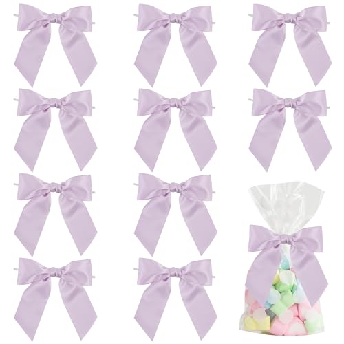 AIMUDI Lilac Satin Bows 4.5" Pre-Tied Purple Twist Tie Bows for Treat Bags Light Purple Ribbon Bows for Crafts Premade Bows for Gift Wrapping Wedding Decor Baby Shower Party Favors - 36 PCs