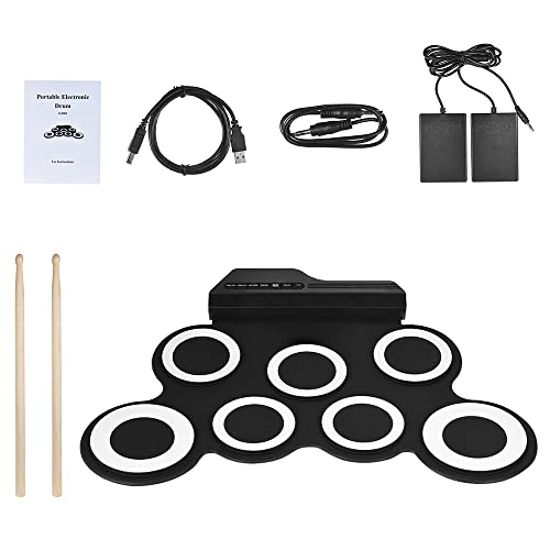 7 Pads Roll Up Electric Drum Pad Set, Portable USB Rechargeable Drum with Drumsticks Foot Pedals 3.5mm Audio Cable for Practice Beginners Kids (White)