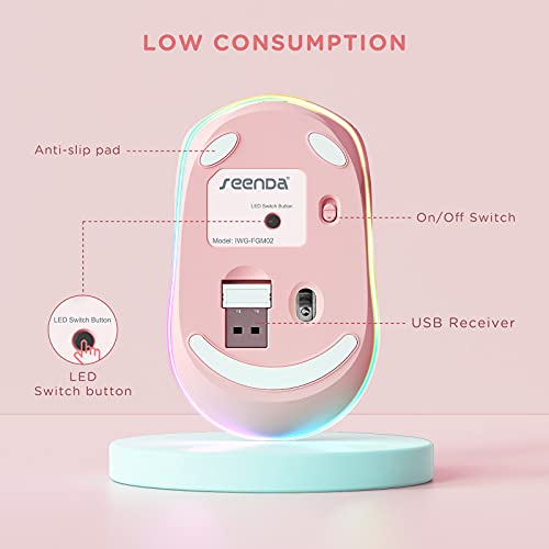 Seenda Wireless Mouse, Rechargeable Light Up Mouse For Laptop, Small Cordless Mice With Quiet Click Led Rainbow Lights For Pc Computer Kids Chromebook Windows Mac,Hot Pink #TOP1