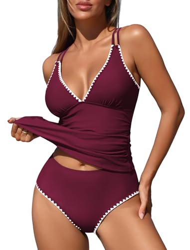 ZAFUL Womens Tummy Control Bathing Suits Modest Swimsuits for Women Solid Two Piece Bathing Suits Tummy Control Ruched Tankini Cruise Outfits for Women (Red M)