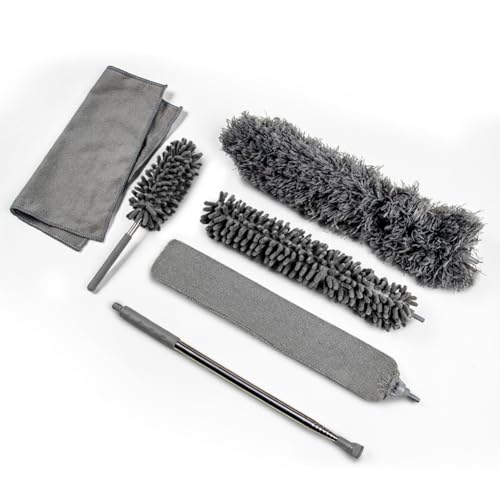 Image of OVENTE Microfiber Duster Cleaning Set with Stainless Steel Extension Pole Up to 96 inch, Washable, Reusable and Bendable Dusters for High Ceiling Fans, Blinds, Furniture, Cobweb and Cars, Grey CTD1526GY