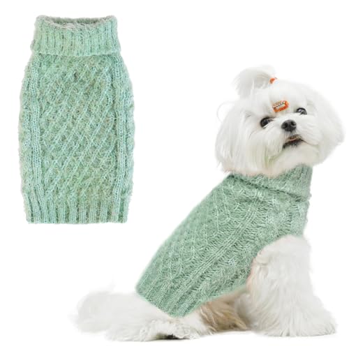 Image of Turtleneck Small Dog Sweaters - Classic Cable Knitwear Winter Coat for Small Medium Dogs Male Female Puppy Dog Cold Weather Clothes Girls Boys, Green, M