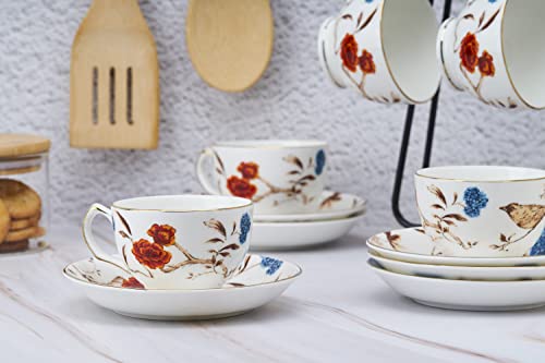 Image of GOLDEN QUEEN'S Cup & Saucer Set | Perfect for Hosting & for Tea /Coffee Lovers | Handcrafted in India, Inspired by Florals & 24K Gold Rim | 6 Cups & 6 Saucers |170 ml - Birdsong & Blooming Blossoms