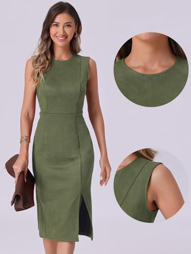 Image of Allegra K Faux Suede Dresses for Women's Sleeveless Crewneck Split Hem Work Office Sheath Dress