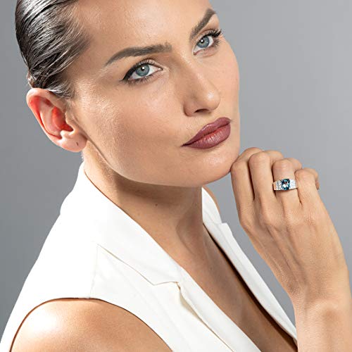 PEORA London Blue Topaz Tier Ring for Women 925 Sterling Silver, Natural Gemstone Birthstone, 2.50 Carats Radiant Cut 9x7mm, Comfort Fit, Sizes 5 to 94