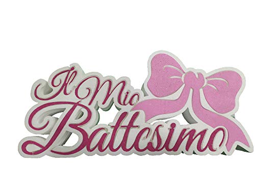 Bellissima decorazione in polistirolo con la scritta: il Mio battesimo con fiocco rosa;