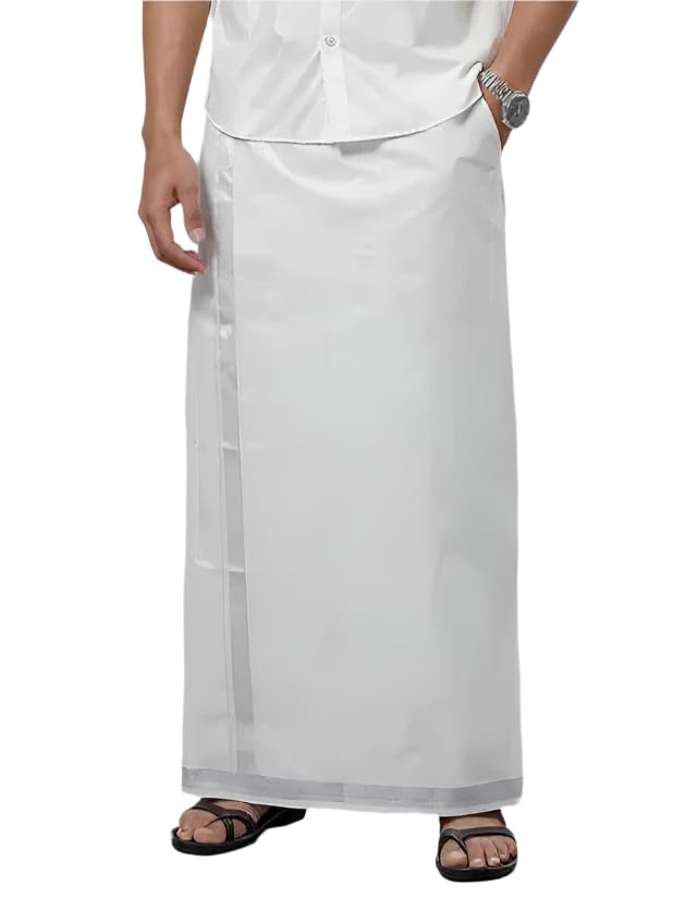 viveagham Men Tissue Readymade Single Layer Silver Dhoti with Jari Border-picture-32
