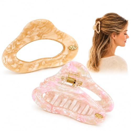 Premium Durable Acetate Cloud Marbled Hair Clips, 2 Pack Medium Acetate Hair Claw Clips withSecure Hold, Perfect for Updos(Beige+Pink)